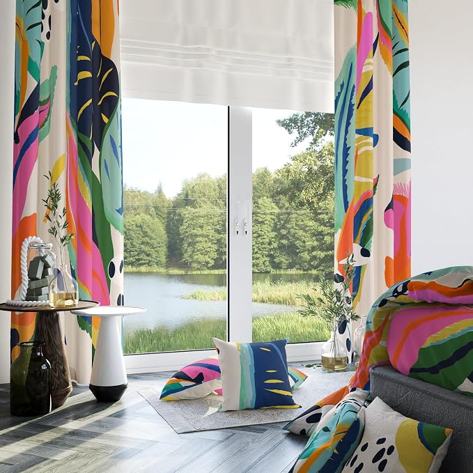 Boho Floral Abstract Black Out Window Curtains, Jungle Colorful Asthetic Modern Art Bohemian Decor for Bedroom, Living Room, Art Gallery Grommet Window Drapes 2 Panel Set, 52"x63"