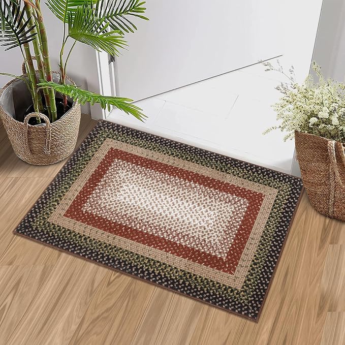 RUGSREAL Entry Rug 2x3 Small Rug Machine Washable Bedroom Area Rug Non Slip Bathroom Mat Stain Resistant Farmhouse Carpet Modern Rustic Throw Carpet for Living Room Dining Room, Crimson/Earthy