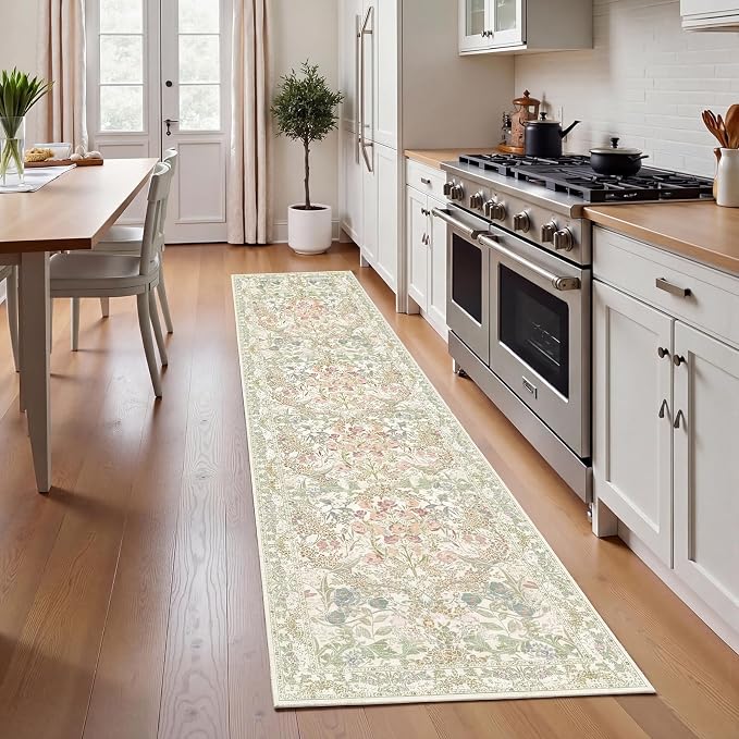 Lunasun Sage Green Washable 2'6"x10' Wide Hallway Runners, Kitchen Runner Rug, Non-Slip & Stain Resistant 10ft Long Floor Rug, Retro Light Green Boho Floral Décor