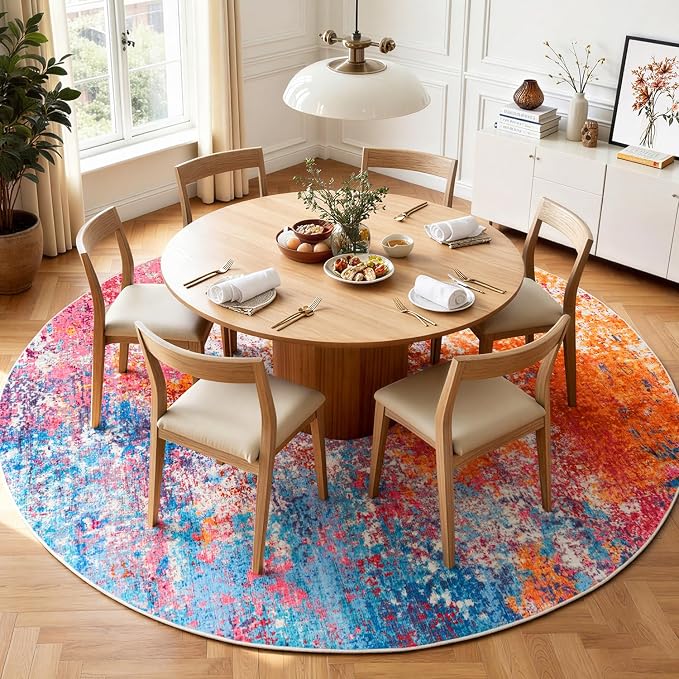 Rugflix Round Area Rugs 8Ft for Living Room, Washable Colorful Circle Rug | Machine Washable; Stain-resistant; Low Pile; Non-slip; Modern Abstract; Carpet for Bedroom Dining Office Nursery Home