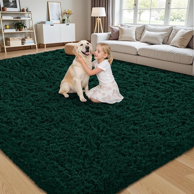 8x10 Area Rug for Living Room:Ultra Soft Fluffy Shag Purple Rugs,Large Fuzzy Plush Indoor Non Slip Carpet Washable Rug for Bedroom Kids Nursery Office Dorm Modern Decor(Dark Green 8'x10')