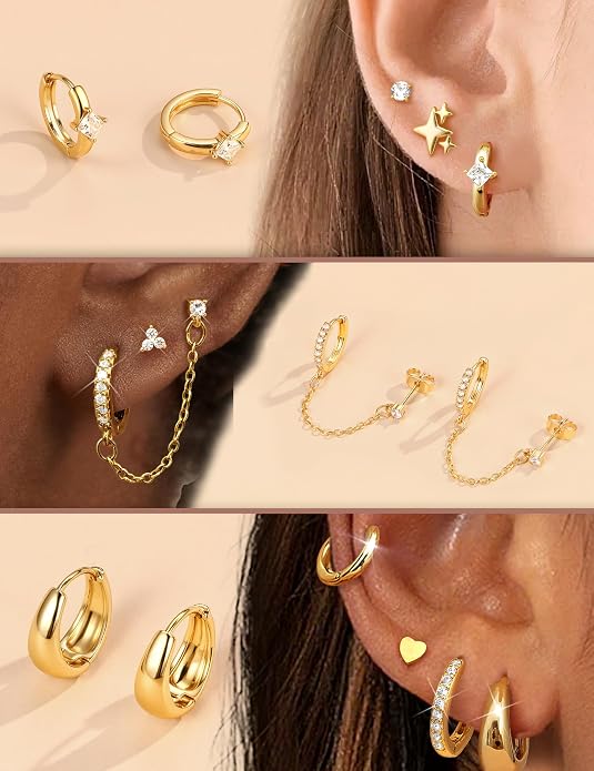 Florideco Flat Back Earrings Hypoallergenic Surgical Steel Earrings for Women Trendy Cartilage Chain Earring 14K Gold Plated Star Heart CZ Flatback Stud Earring Sets for Multiple Piercing