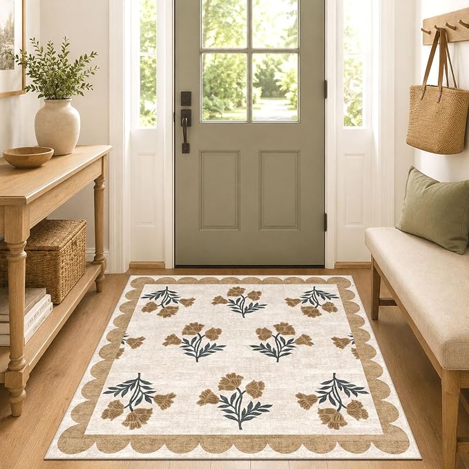 Beige Square Rug 4ft - Soft Washable Boho Farmhouse Square Entryway Rug Non Slip 4x4 Stain Resistant Cottage Floral Scalloped Throw Rugs for Living Room Bedroom Dining Room Bathroom Nursery