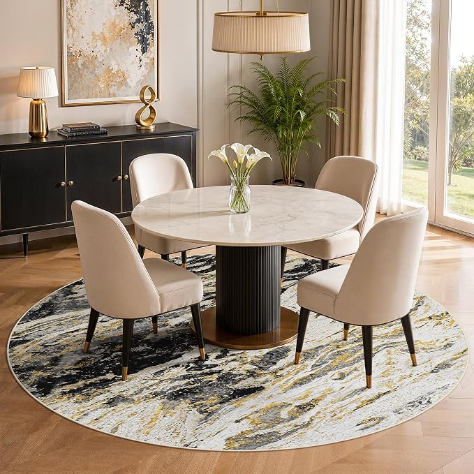 Area Rugs for Living Room: 10ft Round Abstract Washable Rug Modern Neutral Large Soft Stain Resistant Non-Slip for Bedroom Dining Room Indoor Home Office Carpet - Black Gold