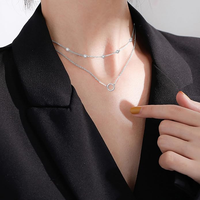 Layered Choker Necklaces for Women S925 Sterling Silver Circle/Heart/Cross/Star Multi Layered Necklace Handmade Bead Chain Adjustable Jewelry for Birthday