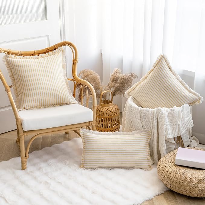 YEENAASY Throw Pillow Covers 26x26 Set of 2 Striped Fringe Pillow Cover Farmhouse Cushion Covers with Tassel Neutral Boho Pillows Decorative Square Pillowcase for Couch Sofa Bed, Yellow