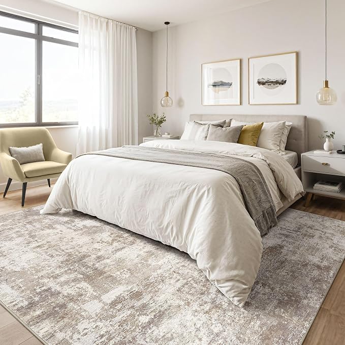 LOONGRUG 5x7 Area Rugs Living Room: Washable Large Abstract Soft Rug Stain Resistant Indoor Floor Non-Slip Accent Carpet for Women Modern Home Enthusiasts Aged- Bedroom Nursery Playroom- Beige Brown
