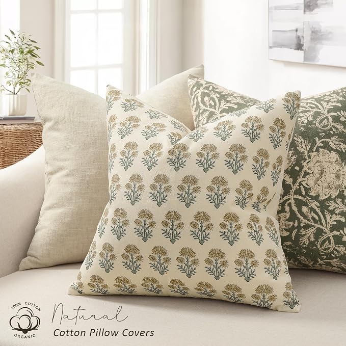 Farmhouse Floral Pillow Covers 18x18 Set of 2, Country Botanical Throw Pillow Cover for Sofa Couch Bed Living Room, Rustic Vintage Flower Cushion Covers Cottage Home Decor,Olive Yellow