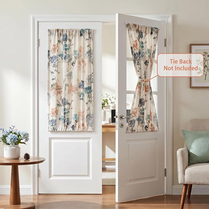 MYSKY HOME Floral Linen French Door Curtains 40 inch Long 2 Panels for Front Door Light Filtering Privacy Semi Sheer Window Curtains with Rod Pocket, Brown, 24" W Each Panel