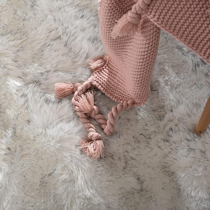 Goolela Sheepskin Area Rug 5x7 for Bedroom Living Room Fluffy Fuzzy Furry Rug Faux Fur Shaggy Plush Soft Washable Rectangle - White with Grey Tips