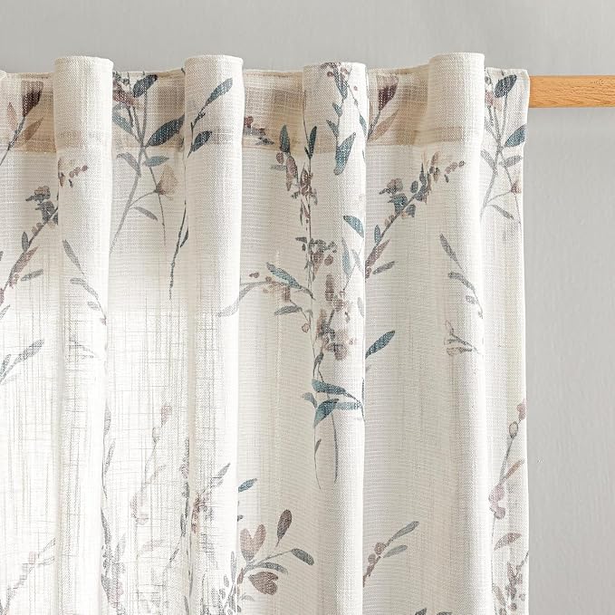 MYSKY HOME Flax Linen Sheer Curtains 45 Inch Length Floral Decorative Window Treatment Draperies Privacy with Light Through for Kitchen/Nursery/Bathroom, 50" Wide, Navy Blue, 2 Panels