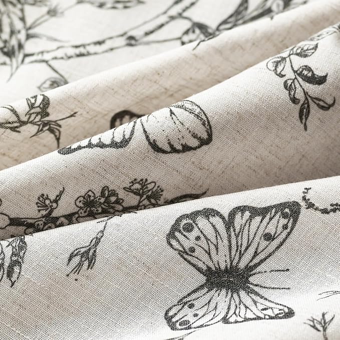 Lazzzy Charlotte Linen Farmhouse Curtains Black Floral Curtains 63 Inch Length Back Tab Drapes for Living Room Bedroom Light Filtering Country Vintage Rod Pocket Curtain, 2 Panels, Black on Beige