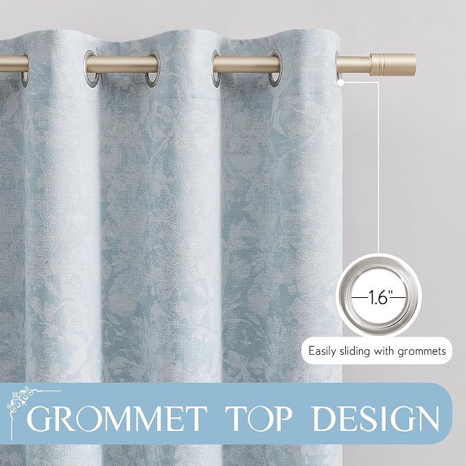 Beauoop Blue Floral Jacquard Blackout Curtains for Bedroom 52x96 2 Panels | Flower Chenille Room Darkening Drapes for Living Room 96 Inch Long Thermal Insulated Soundproof Window treatment Grommet