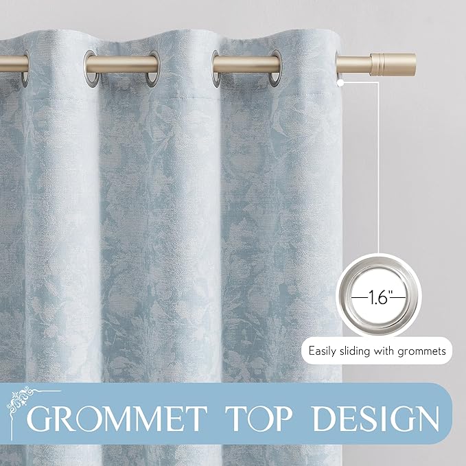 Beauoop Blue Floral Jacquard Blackout Curtains for Bedroom 52x63 2 Panels | Flower Chenille Room Darkening Drapes for Living Room 63 Inch Long Thermal Insulated Soundproof Window treatment Grommet