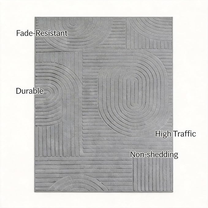 Grey Solid Area Rug 8x10 – Large Washable Soft Indoor Rugs for Living Room Bedroom, Modern Geometric Bohemian Pattern High-Low Pile Textured Carpet for House Apartment, Home Office Decor