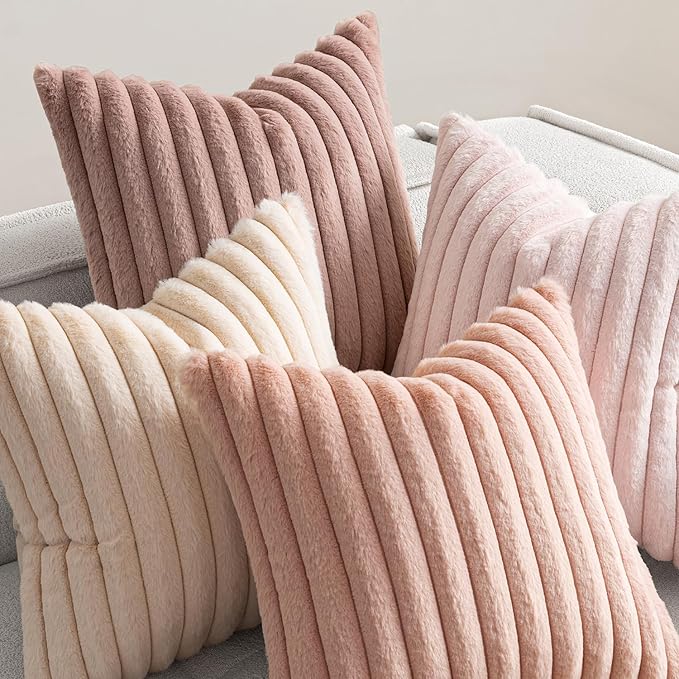 MIULEE Faux Fur Plush Decorative Throw Pillow Covers 20x20 Set of 4, Valentine's Day Cute Modern Soft Romantic Fuzzy Striped Cushion Covers Girl for Sofa Couch Bed Living Room Cozy Home Decor,Pink