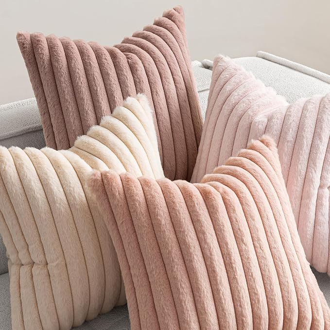 MIULEE Faux Fur Plush Decorative Throw Pillow Covers 24x24 Set of 4, Valentine's Day Cute Modern Soft Romantic Fuzzy Striped Cushion Covers Girl for Sofa Couch Bed Living Room Cozy Home Decor,Pink