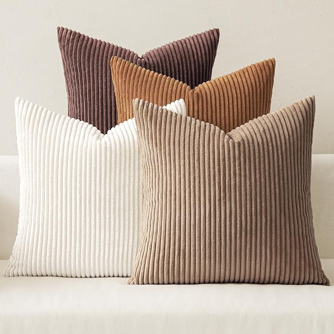 MIULEE Boho Farmhouse Throw Pillow Covers 24x24 Inch Set of 4 Rustic Mordern Neutral Cushion Covers Soft Corduroy Nordic Fall Home Decor for Couch Bed Sofa Living Room Brown