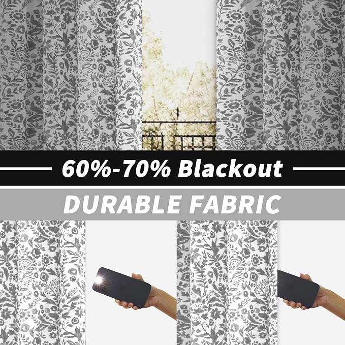 DriftAway Julia Blackout Curtains Grommet 2 Panels, W52xL120, Gray | Floral Curtains, Bedroom, Living Room, Room Darking, Watercolor Pattern, 2 Layers, Thermal Insulated, Window Treatment