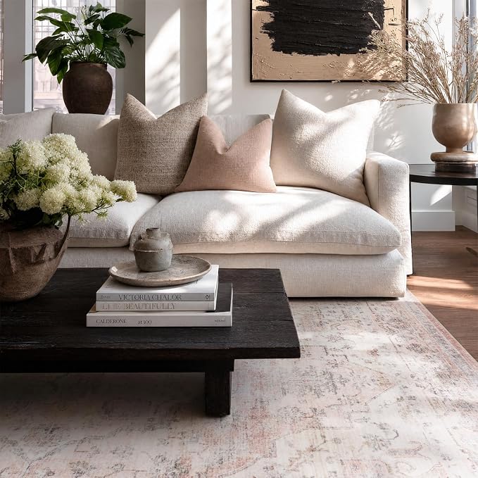 AMOAMI-Area Rug 5X7 Rugs for Living Room-Vintage Soft Pink Rugs for Bedroom-Non Slip Carpet-Machine Washable Rug for Dining Room Living Room Bedroom Office Under Table