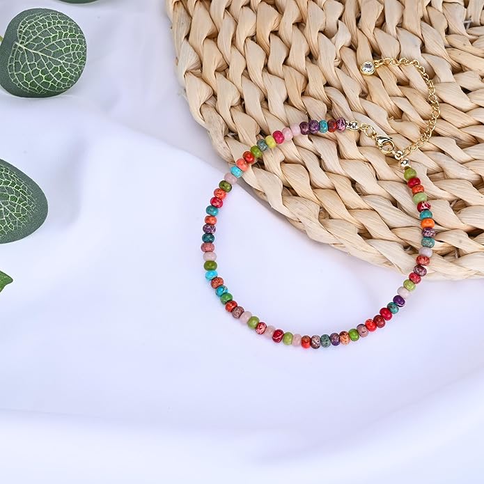 Natural Stone Beaded Anklets Bracelets for Women Handmade Beaded Anklet Bracelet Waterproof Boho Beads Ankle Bracelet Adjustable Summer Jewelry