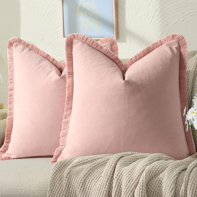 ZWJD Pillow Covers 26x26 Set of 2 Dusty Pink Throw Pillow Covers with Fringe Chic Cotton Decorative Pillows Square Cushion Covers for Sofa Couch Bed Living Room Farmhouse Boho Decor