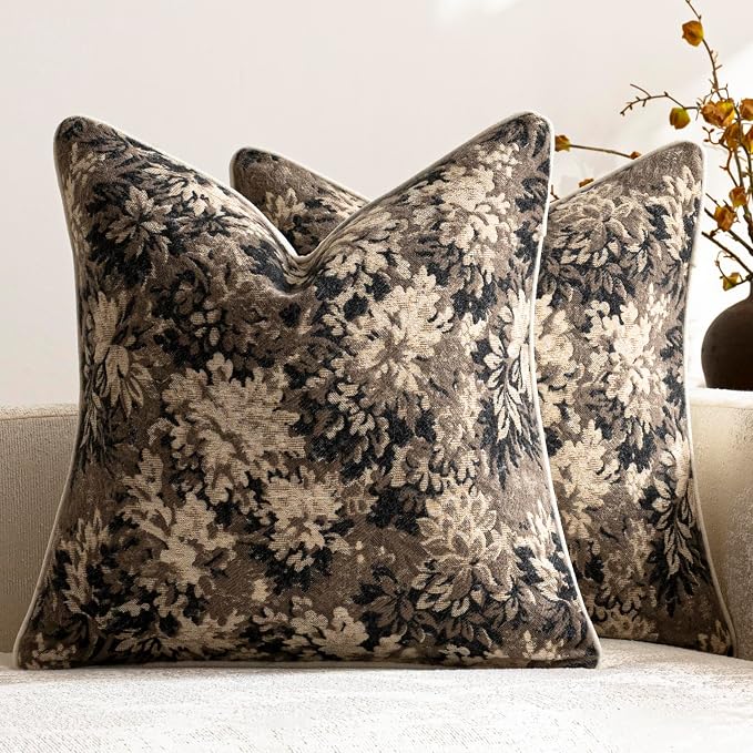 DEZENE Pack of 2 Vintage Floral Throw Pillow Covers 16x16 Boho Farmhouse Accents Chenille Square Decorative Pillow Cases for Living Room Couch Bed Home Decor, Taupe