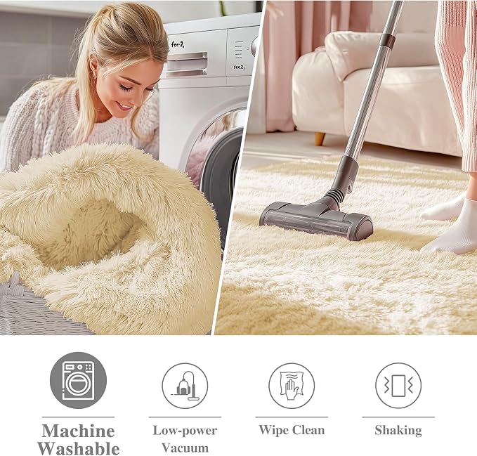 OLANLY Cream Round Rugs for Bedroom - Machine Washable, 8 ft Circle Area Rugs for Living Room, Soft and Fluffy Shaggy Carpet for Teen Girl and Boys, Nursery Rooms, Dorms, Home Decor Aesthetic