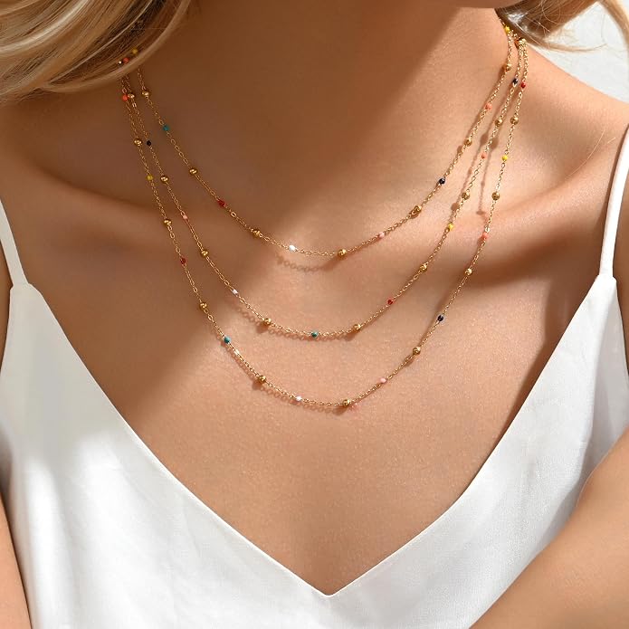 18K Gold Plated Layered Herringbone Necklaces for Women Dainty Layering Beaded Snake Chain Choker Moon Coin Pendant Necklace Trendy Stainless Steel Jewelry