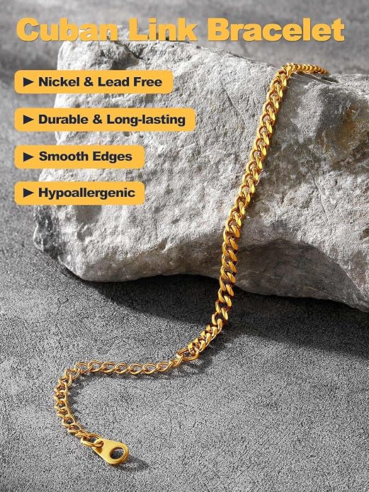 U7 Link Bracelets for Men, Cuban Link/Rope/Watch Band Solid Bracelet, Silver Black Gold Color Wrist Bracelet 3/6/9/12/15mm Width, 6.5/7.5/8.3 Inch Length, Hand Chain Jewelry for Mens Women