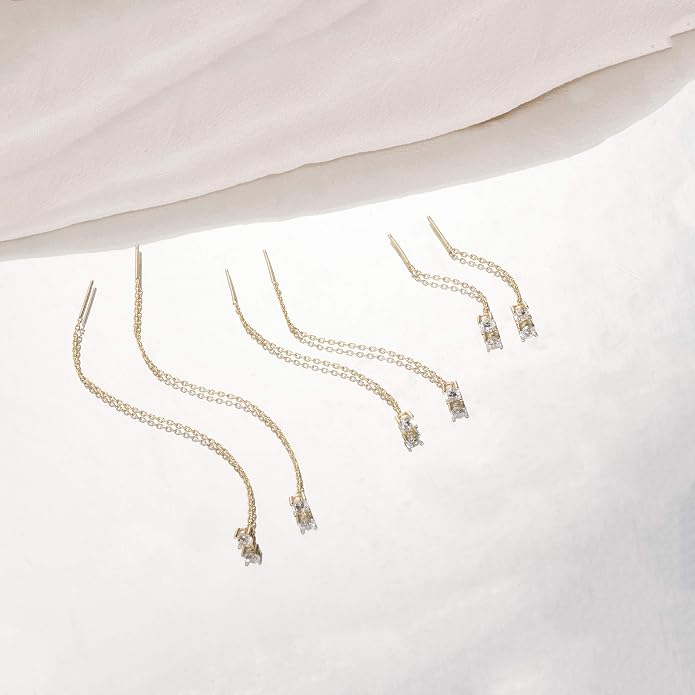 S.Leaf Gold Chain Threader Earrings for Women Trendy 925 Sterling Silver Hypoallergenic Cubic Zirconia Backless Ardant Chain Duster Threader Double Piercing Pull Through Earrings for Women Girls Birthday Gifts