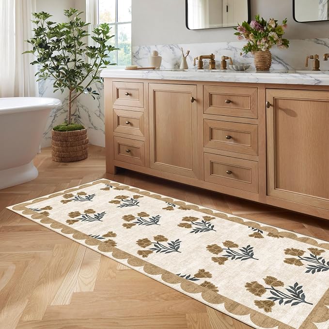 Non Slip Washable Kitchen Runner Rug - 2x6 Beige Floral Hallway Runner Rugs Soft Boho Runners for Hallways Vintage Farmhouse Scalloped Laundry Room Rug Floor Rugs for Bedroom Entryway Bathroom