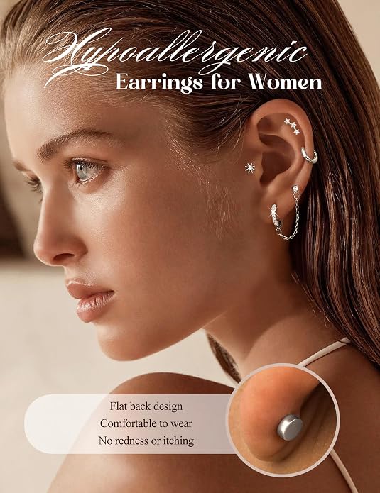 Florideco Flat Back Earrings Hypoallergenic Surgical Steel Earrings for Women Trendy Cartilage Chain Earring 14K Gold Plated Star Heart CZ Flatback Stud Earring Sets for Multiple Piercing