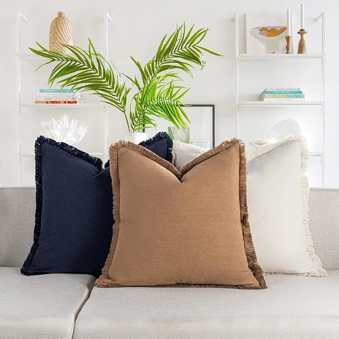 ZWJD Pillow Covers 18x18 Set of 2 Camel Throw Pillow Covers with Fringe Chic Cotton Decorative Pillows Square Cushion Covers for Sofa Couch Bed Living Room Farmhouse Boho Decor