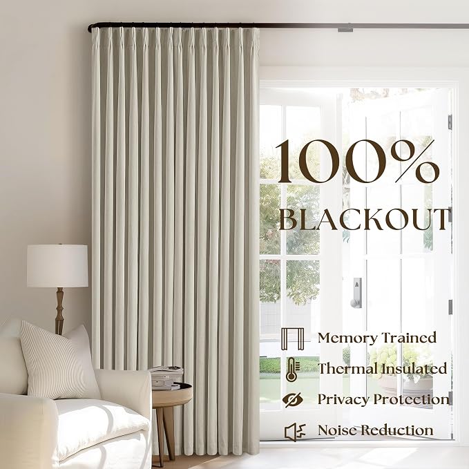 Oatmeal Beige Linen Blackout 92 Inch Curtains for Living Room 2 Panels Set | Pinch Pleated Back Tab, Thermal Insulated Full Black Out Curtains, Memory Shape Trained, for Bedroom Sliding Door, W40xL92