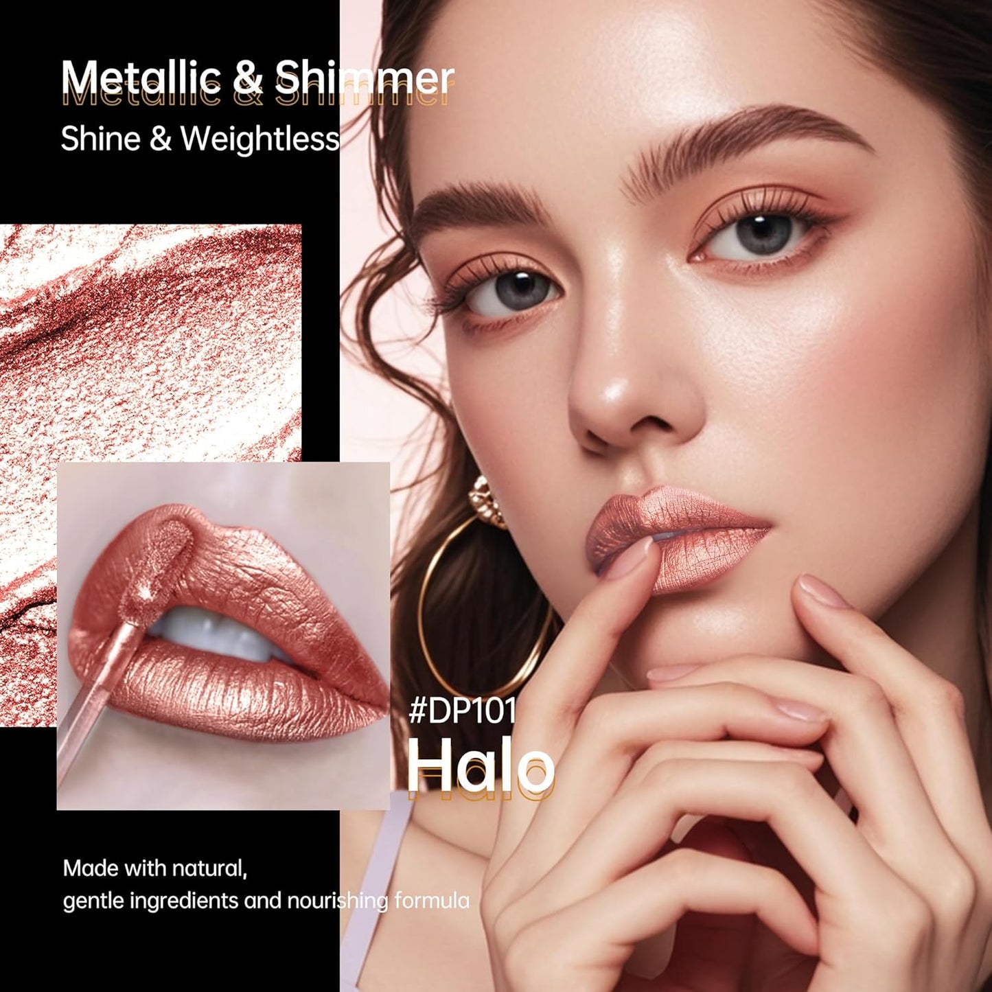 Nude Lipsticks for Women Metallic Lipstick Long Lasting Non Stick Cup Lip Gloss, Metal Shine Lightweight Hydrating Full Coverage Lip Color, DP101 Halo
