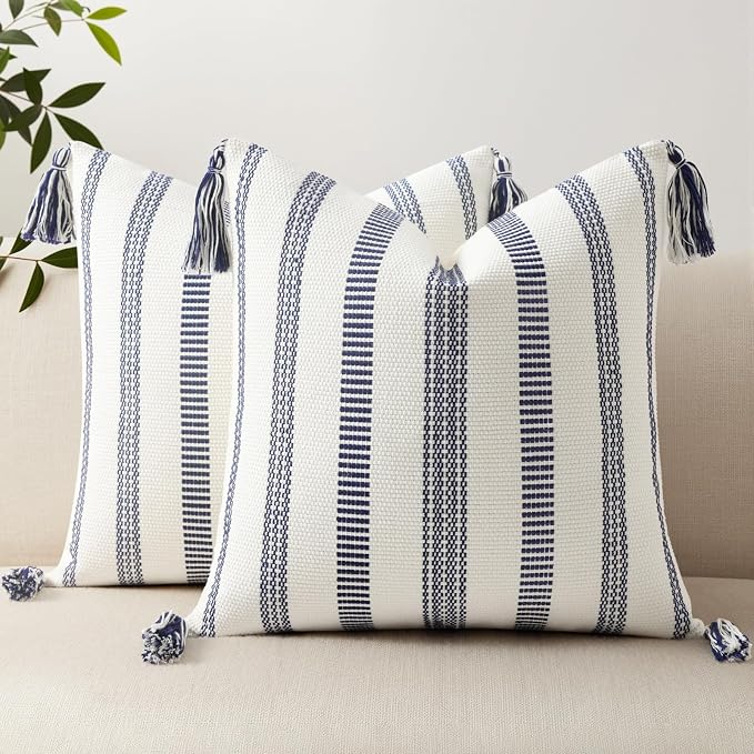Smile Bee Spring Boho Outdoor Throw Pillow Covers Set of 2, Decorative Woven Striped Pillow Covers with Tassels for Couch Bed Sofa, 18x18 Inch, Navy Blue and Cream White | Woven Cozy Boho Decorative Modern Farmhouse Accent Pillow Cases With Tassels for...