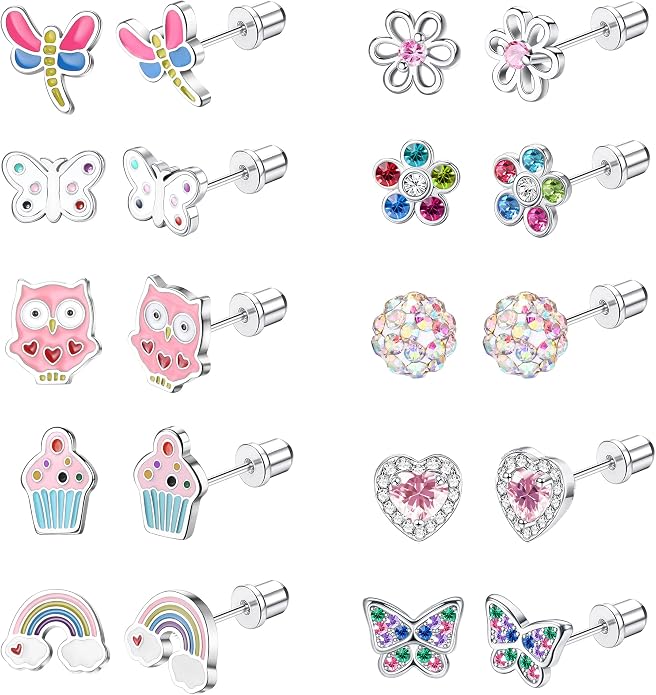 FASACCO 10Pairs Hypoallergenic Screw Back Earrings for Women Girls Stainless Steel CZ Heart Butterfly Ball Stud Earrings Multicolored Cat Rainbow Screwback Stud Earrings Set Over 3 Years Old