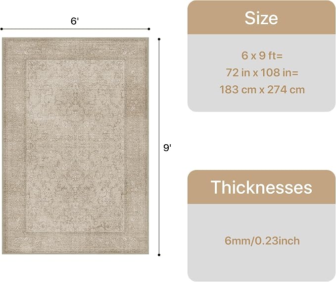 Bavni Vintage Floral Rugs 6X9, Washable Area Rug with Non Slip Backing, Low Pile for Living Room, Bedroom & Home Decor, Lightweight Carpet, Brown