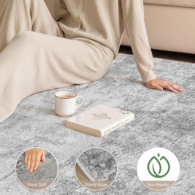 cotiled 3x5 Washable Rug Abstract Soft Non Slip Entryway Rugs | Stain Resistant, Robot Vacuum & Pet Friendly, Low-pile, For Living Room, Bedroom, Dining Table, Nursery Grey