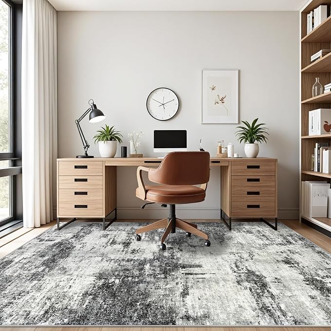 10x14 Area Rugs Living Room Rugs: Large Washable Rug with Anti-Slip Backing Non-Shedding Stain-Resistant Soft Abstract Carpet for Bedroom Dining Room Nursery Home Office-Black/Gray