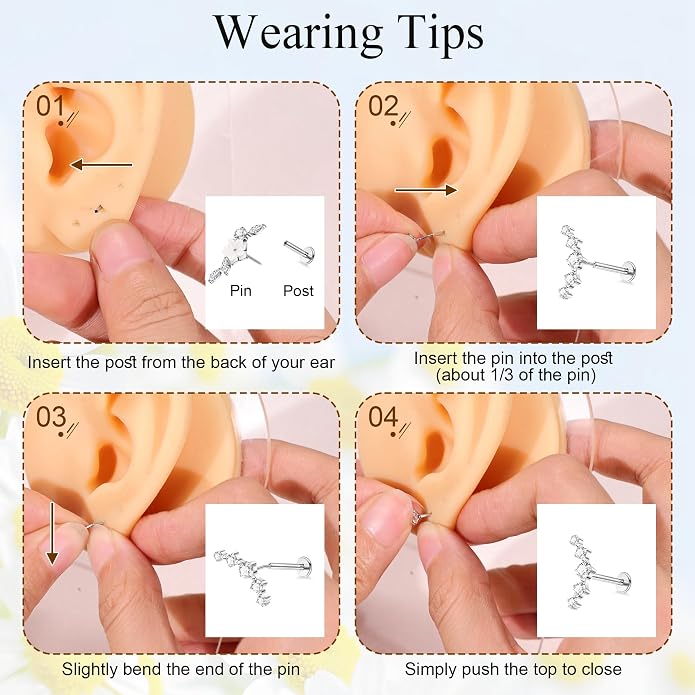 NICEIGHT 4Pcs 16G G23 Titanium Cartilage Earrings for Women Titanium Threadless Push in Cartilage Earring Stud for Sensitive Ear Flower Opal CZ Conch Earrings Flat Back Conch Piercing 6/8/10MM Bar
