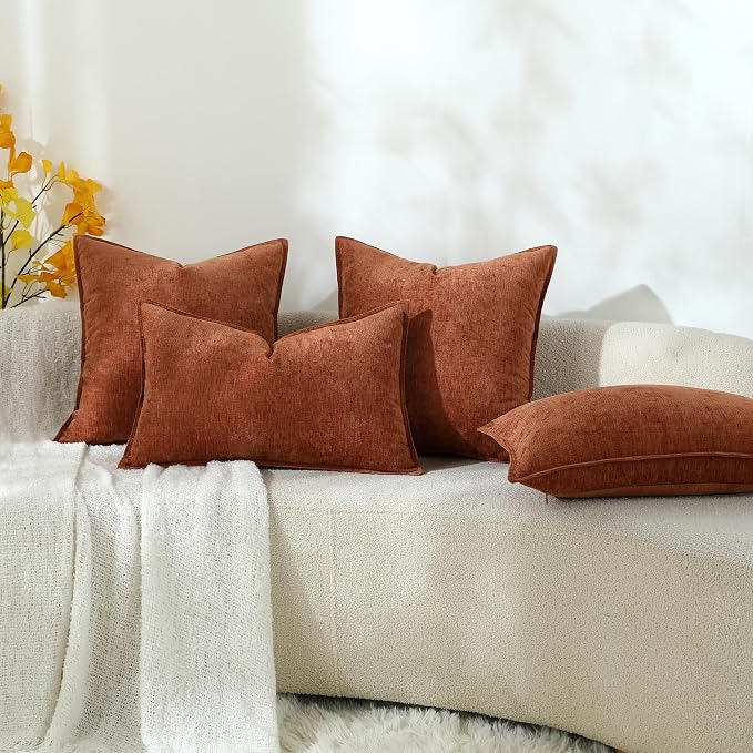 Stellhome Fall Chenille Decorative Pillow Covers 20x20 Inch Natural Burnt Orange Boho Farmhouse Neutral Soft Couch Throw Pillows for Bed Sofa Livingroom Pack of 2 Accent Modern Pillowcase Home Decor