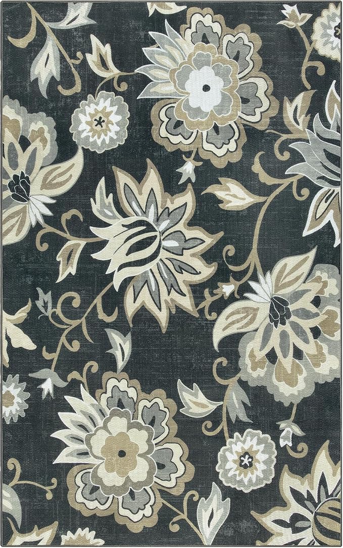 Lahome Floral Indoor Outdoor Rug, 5x8ft Non-Slip Outdoor Patio Rug for Camping Picnic, Portable Outdoor Carpet for Balcony Deck Backyard, Washable RV Mat Outdoor Rugs for Living Room Bedroom,Black
