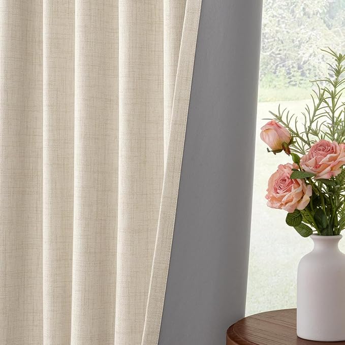 INOVADAY 100% Blackout Curtains for Bedroom, Cream Black Out Curtains 102 Inch Long, Clip Rings Linen Blackout Drapes, Thermal Insulated Room Darkening for Living Room, 2 Panels - W50xL102