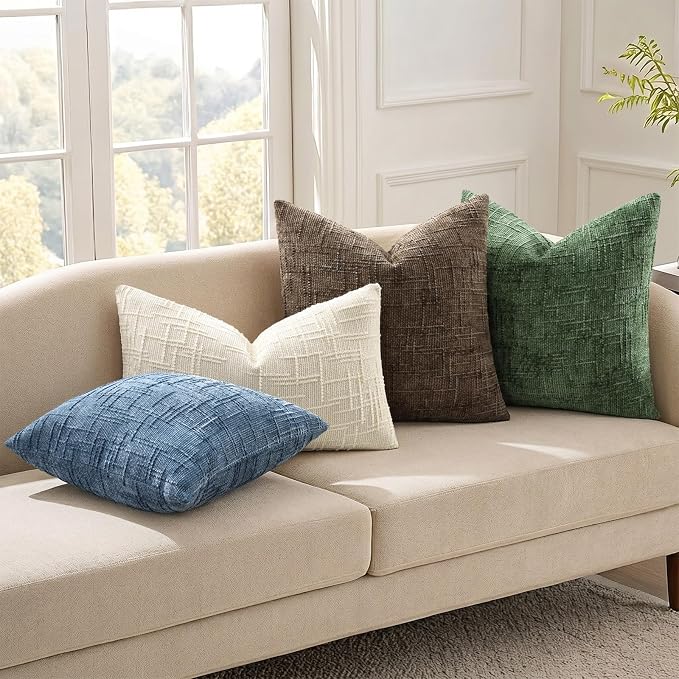 decorUhome Textured Chenille Throw Pillow Covers 24x24 Set of 2 Blue | Fall Modern Farmhouse Soft Cozy Slubby Couch Pillow Cases Boho Decorative Pillow Cases for Bed Sofa Living Room Home Decor