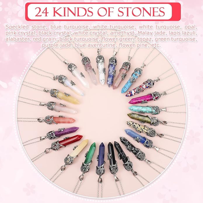 Jexine 24 Pcs Healing Crystal Necklace Christmas Gift Bulk Hexagonal Healing Flower Wrapped Crystal Point Pendant Necklace Natural Quartz Point Pendants with Chain for Women Christmas
