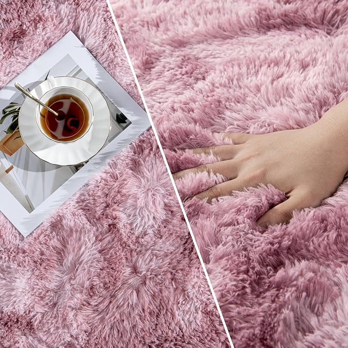 Deerhoo Shag Area Rug, 4 X 6 Tie-Dyed Plush Fuzzy Rugs for Living Room, Ultra Soft Fluffy Furry Rug for Bedroom, Indoor Carpet Nursery Rugs for Kids Room Home Decor, Pink Purple