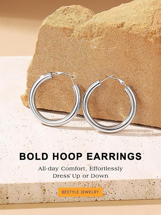 Bestyle 5mm Thick Gold Hoop Earrings Hypoallergenic Hoops for Sensitive Ears Trendy Lightweight Chunky Earrings for Women 30/40/60/80mm