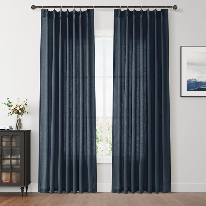 Aersas Vintage Blue Pinch Pleat Linen Curtains 84 Inches Long 2 Panels Living Room Curtain Pleated Semi Sheer Light Filtering Back Tab Rod Pocket Drapes for Bedroom Sky Nursery Baby Kids Room 40x84